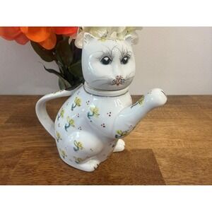 Vintage Ceramic Cat Teapot Hand Painted Floral Figural Teapot‎ Made In China